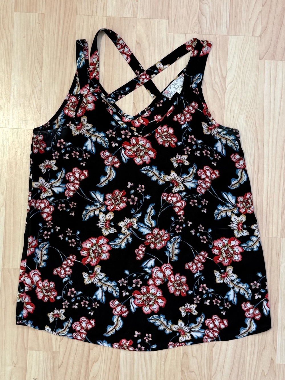 Pink Rose Floral Crisscross Strap Tank Top - Black with Red Floral